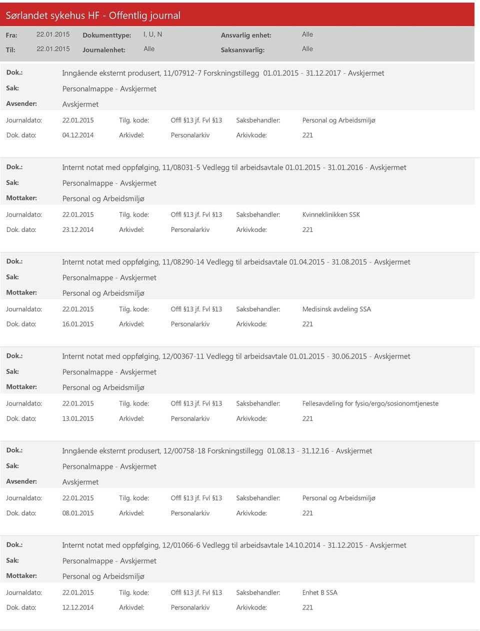 01.2015 Personalarkiv 221 Internt notat med oppfølging, 12/00367-11 Vedlegg til arbeidsavtale 01.01.2015-30.06.2015 - Personalmappe - Fellesavdeling for fysio/ergo/sosionomtjeneste 13.01.2015 Personalarkiv 221 Inngående eksternt produsert, 12/00758-18 Forskningstillegg 01.