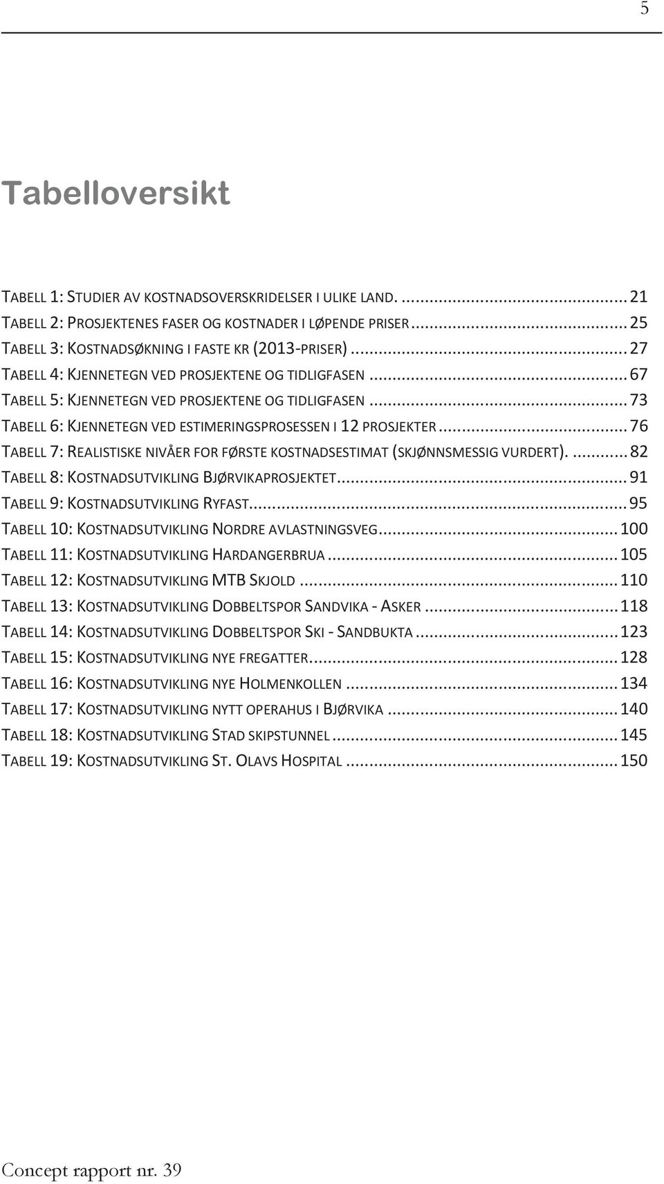 .. 76 TABELL 7: REALISTISKE NIVÅER FOR FØRSTE KOSTNADSESTIMAT (SKJØNNSMESSIG VURDERT).... 82 TABELL 8: KOSTNADSUTVIKLING BJØRVIKAPROSJEKTET... 91 TABELL 9: KOSTNADSUTVIKLING RYFAST.