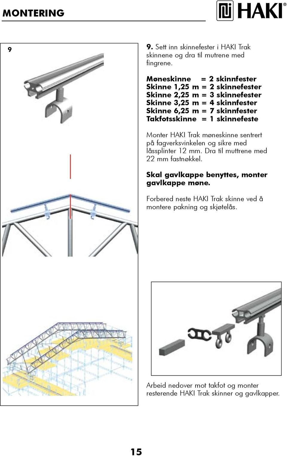 Takfotsskinne = 1 skinnefeste Monter HAKI Trak møneskinne sentrert på fagverksvinkelen og sikre med låssplinter 12 mm.