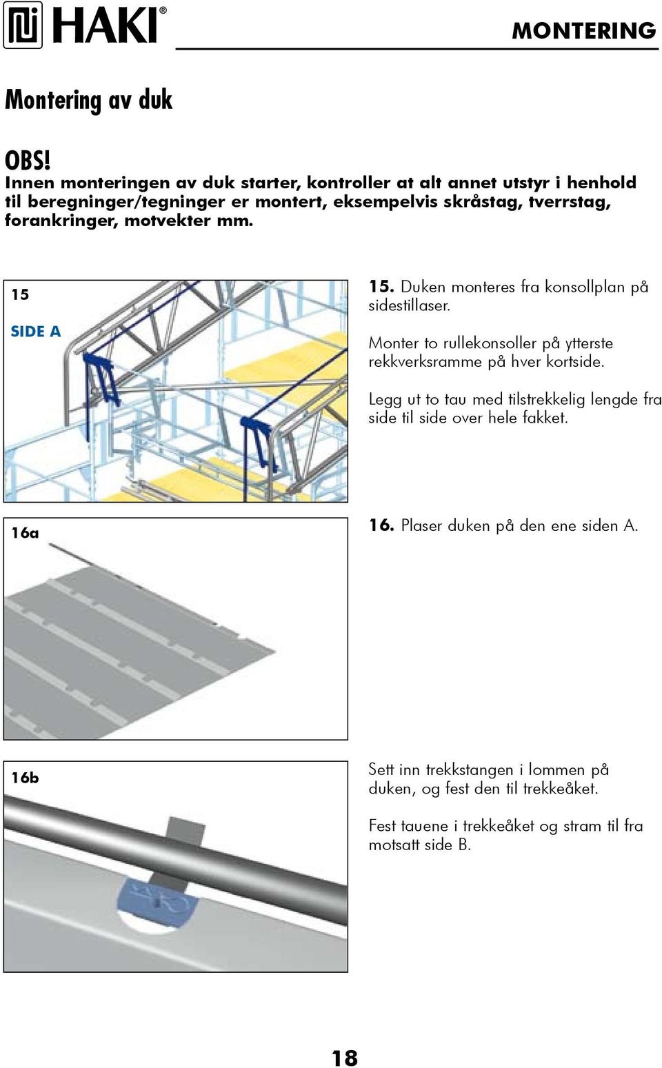 forankringer, motvekter mm. 15 SIDE A 15. Duken monteres fra konsollplan på sidestillaser.