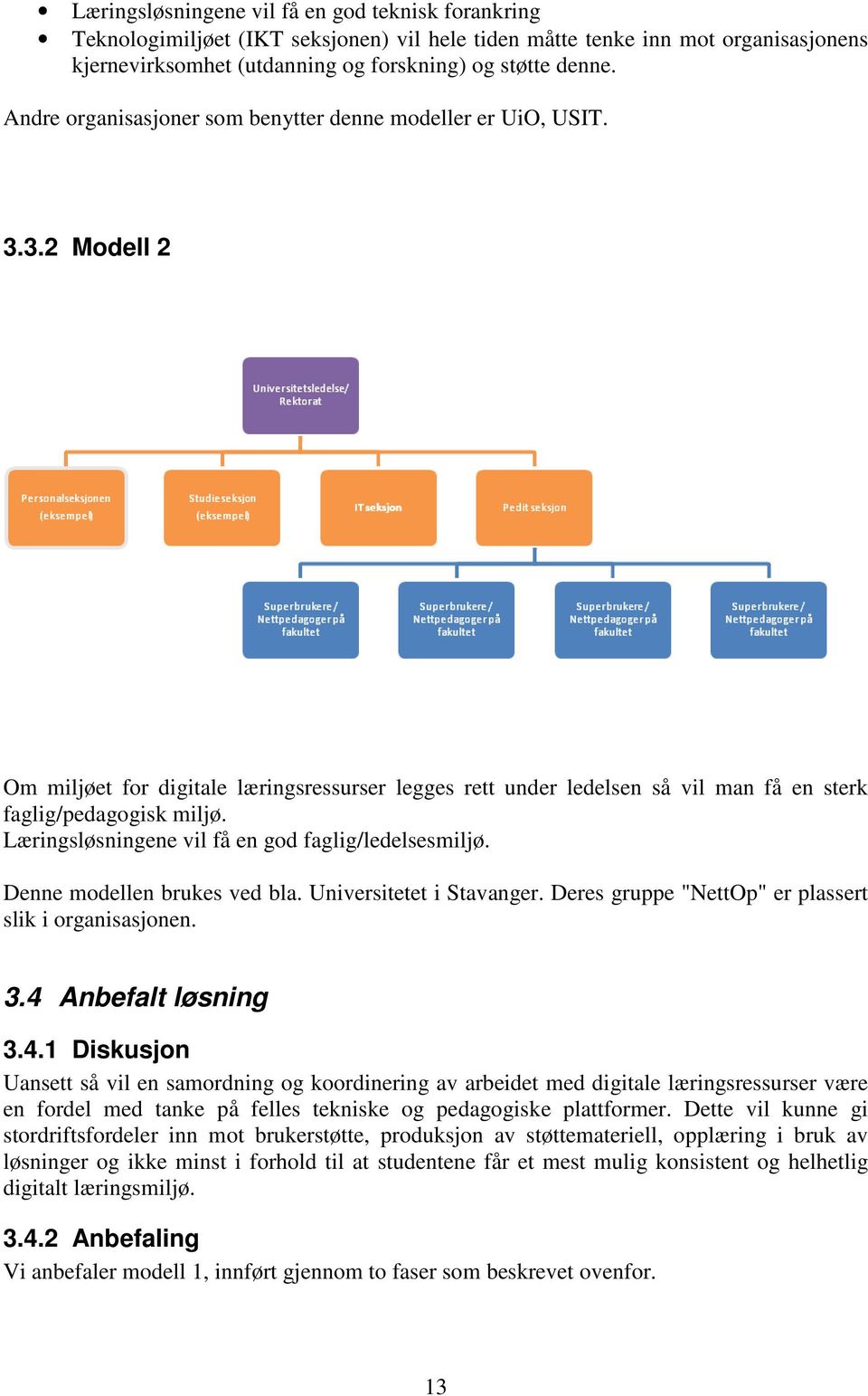 Læringsløsningene vil få en god faglig/ledelsesmiljø. Denne modellen brukes ved bla. Universitetet i Stavanger. Deres gruppe "NettOp" er plassert slik i organisasjonen. 3.4 