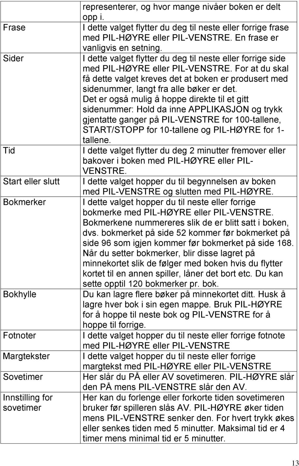 I dette valget flytter du deg til neste eller forrige side med PIL-HØYRE eller PIL-VENSTRE. For at du skal få dette valget kreves det at boken er produsert med sidenummer, langt fra alle bøker er det.