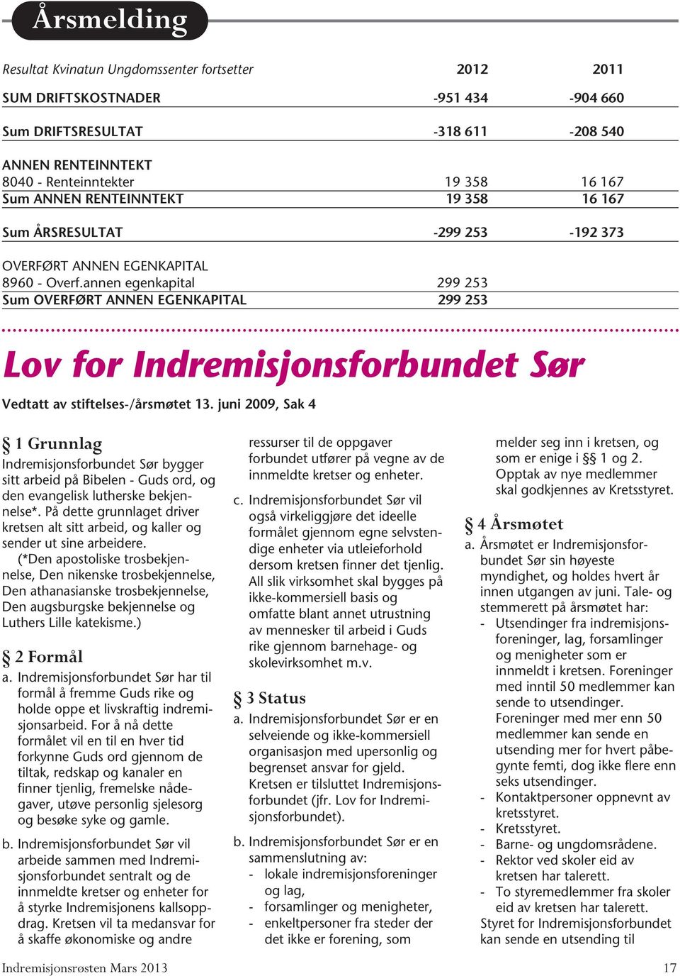 annen egenkapital 299 253 Sum OVERFØRT ANNEN EGENKAPITAL 299 253 Lov for Indremisjonsforbundet Sør Vedtatt av stiftelses-/årsmøtet 13.