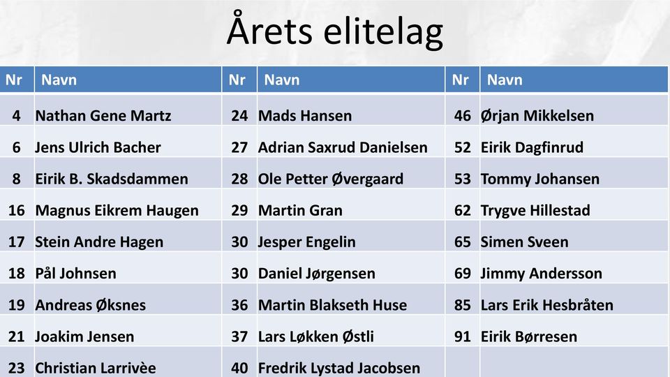 Skadsdammen 28 Ole Petter Øvergaard 53 Tommy Johansen 16 Magnus Eikrem Haugen 29 Martin Gran 62 Trygve Hillestad 17 Stein Andre Hagen 30
