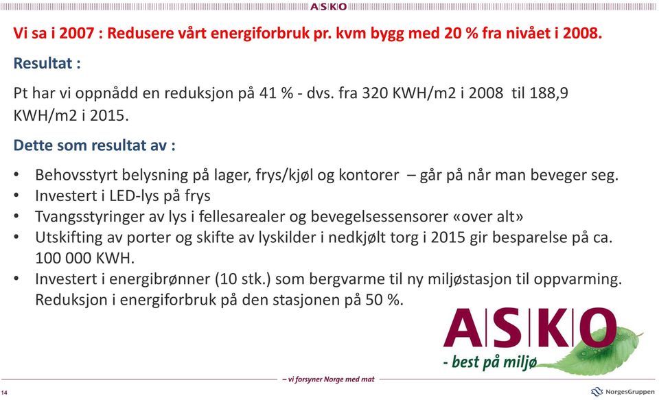 Investert i LED-lys på frys Tvangsstyringer av lys i fellesarealer og bevegelsessensorer «over alt» Utskifting av porter og skifte av lyskilder i nedkjølt