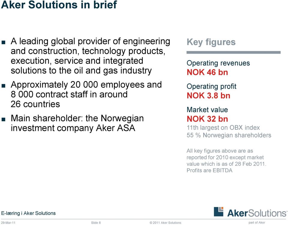 Norwegian investment company Aker ASA Key figures Operating revenues NOK 46 bn Operating profit NOK 3.