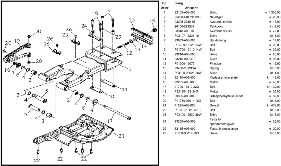 12 P91000-12075 Pinnebolt kr 15,00 13 93406-STW19A Cgring kr 3,00 14 P93100-20028-10W Skive kr 4,00 15 82110-A03-000 Kjedestrammer plate kr 143,00 16 92205-A03-000 Mutter kr 49,00 17 91700-16312-22G