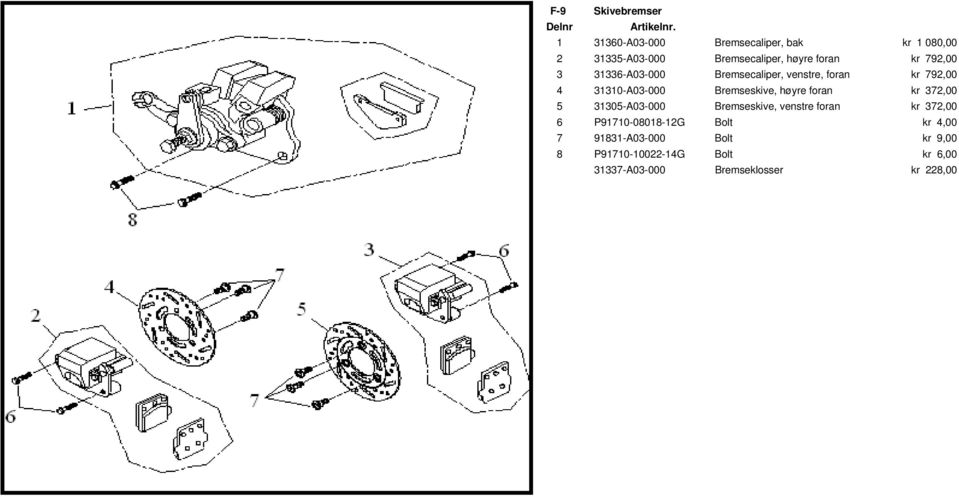 høyre foran kr 372,00 5 31305-A03-000 Bremseskive, venstre foran kr 372,00 6 P91710-08018-12G Bolt kr