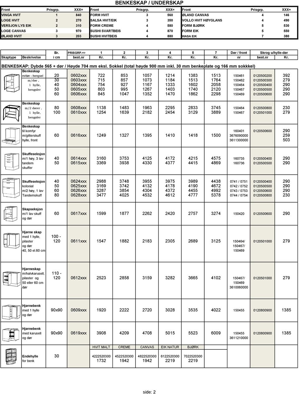 XXX= VINGA HVIT 1 840 FORM HVIT 3 560 ØLAND CANVAS 4 146 LOGE HVIT 2 270 SALSA HVIT/EIK 3 350 VOLLO HVIT HØYGLANS 4 490 VERSJON LYS EIK 2 310 FORM CREME 4 580 FORM BJØRK 5 530 LOGE CANVAS 3 970 SUSHI