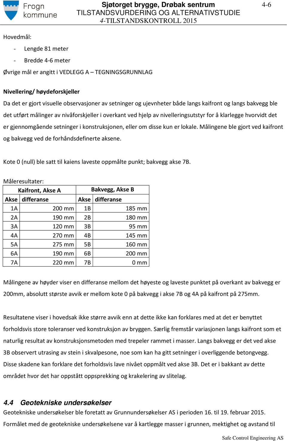 hvorvidt det er gjennomgående setninger i konstruksjonen, eller om disse kun er lokale. Målingene ble gjort ved kaifront og bakvegg ved de forhåndsdefinerte aksene.