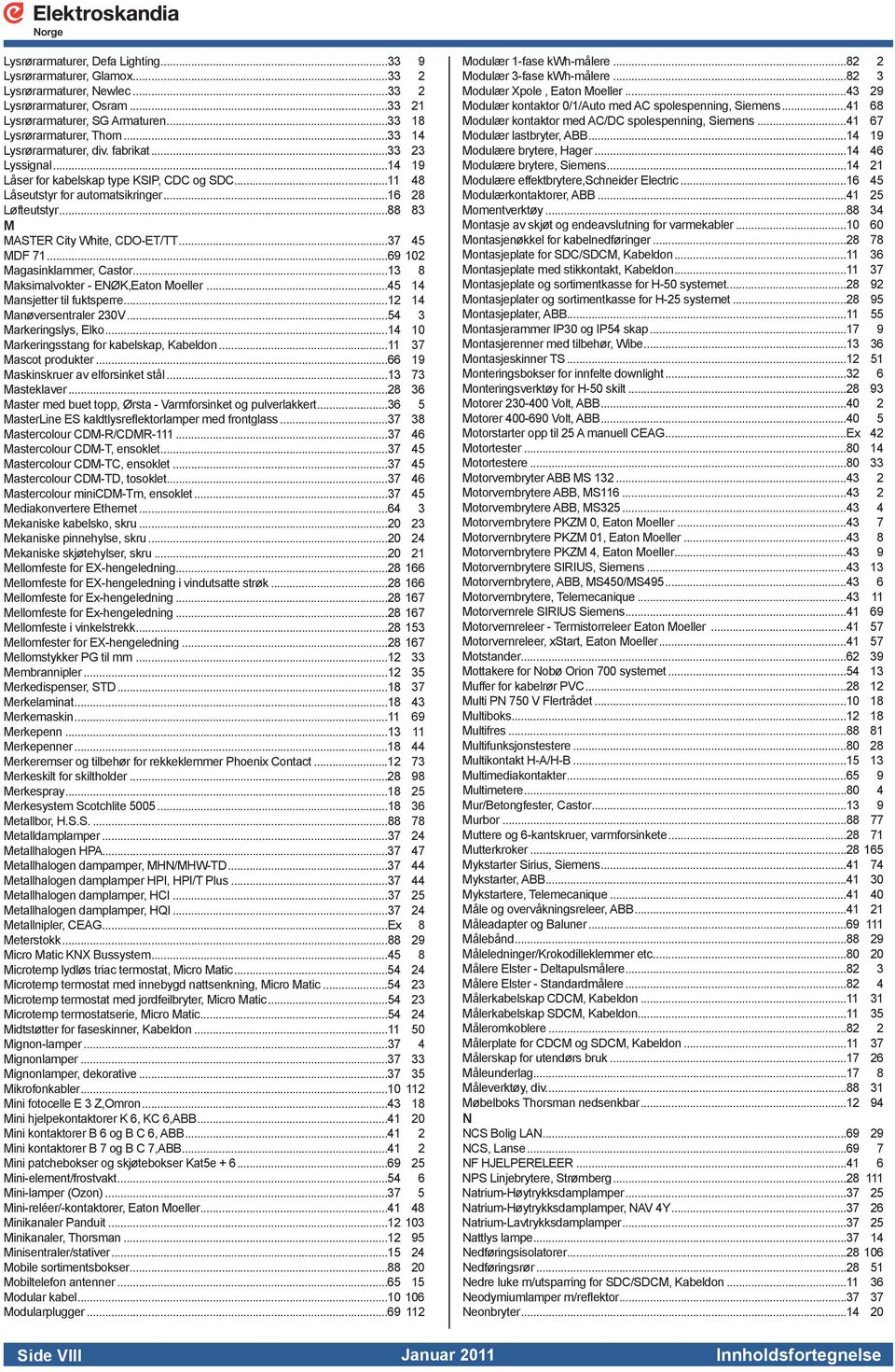 ..88 83 M MASTER City White, CDO-ET/TT...37 45 MDF 71...69 102 Magasinklammer, Castor...13 8 Maksimalvokter - ENØK,Eaton Moeller...45 14 Mansjetter til fuktsperre...12 14 Manøversentraler 230V.