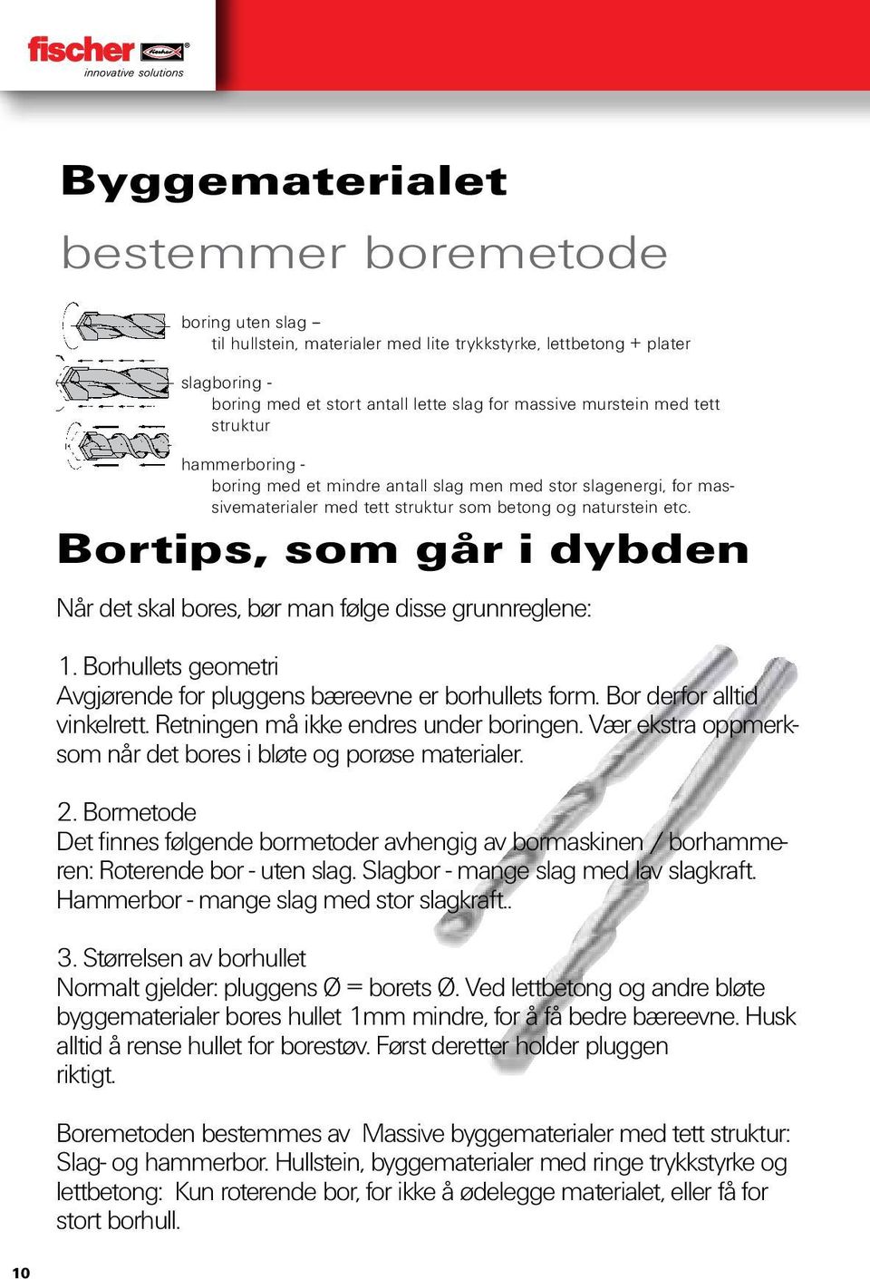 Bortips, som går i dybden Når det skal bores, bør man følge disse grunnreglene: 1. Borhullets geometri Avgjørende for pluggens bæreevne er borhullets form. Bor derfor alltid vinkelrett.