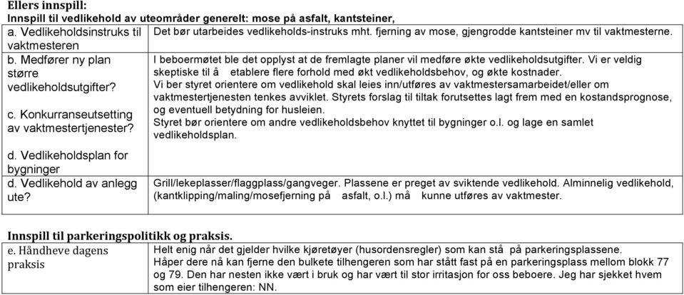 Vedlikeholdsplan for bygninger d. Vedlikehold av anlegg ute? I beboermøtet ble det opplyst at de fremlagte planer vil medføre økte vedlikeholdsutgifter.