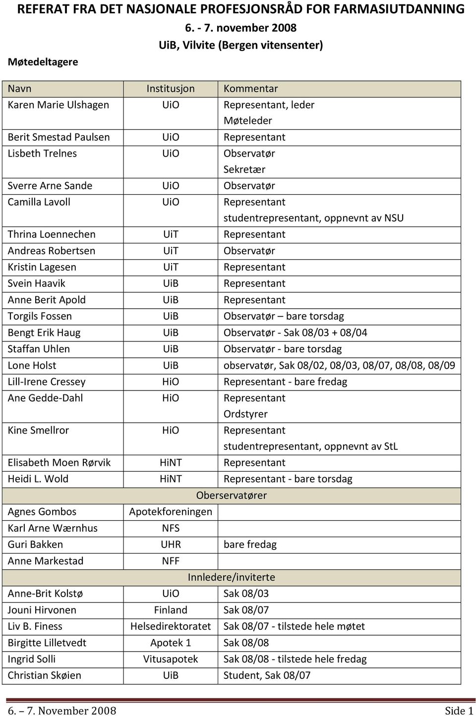 Sekretær Sverre Arne Sande UiO Observatør Camilla Lavoll UiO Representant studentrepresentant, oppnevnt av NSU Thrina Loennechen UiT Representant Andreas Robertsen UiT Observatør Kristin Lagesen UiT