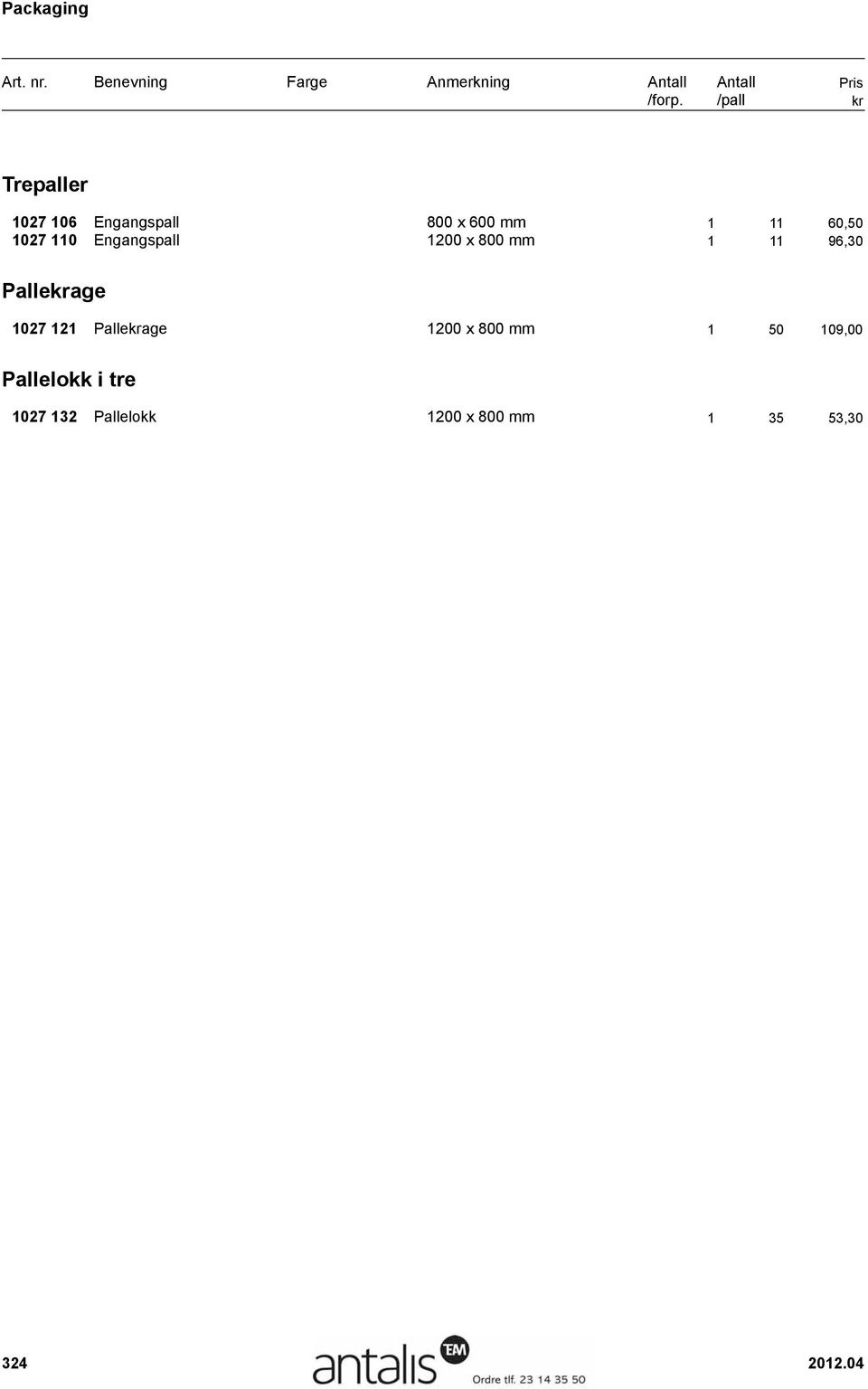 1027 121 Pallekrage 1200 x 800 mm 1 50 109,00 Pallelokk i