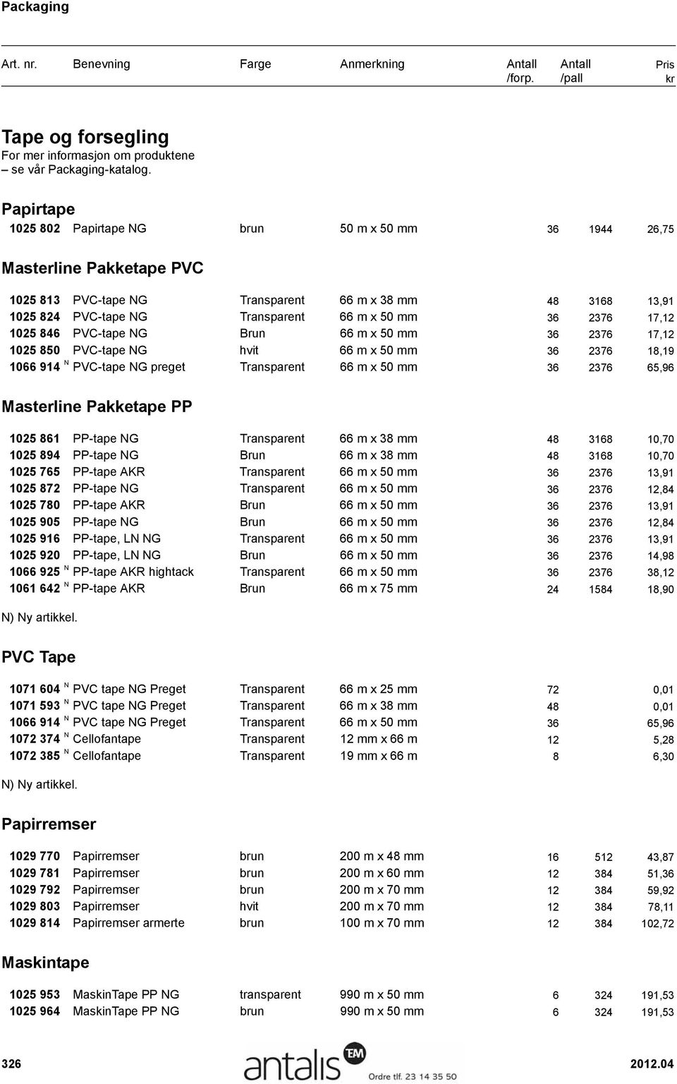 2376 17,12 1025 846 PVC-tape NG Brun 66 m x 50 mm 36 2376 17,12 1025 850 PVC-tape NG hvit 66 m x 50 mm 36 2376 18,19 1066 914 N PVC-tape NG preget Transparent 66 m x 50 mm 36 2376 65,96 Masterline