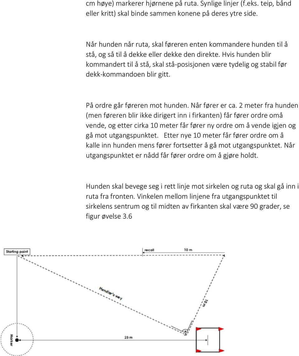 Hvis hunden blir kommandert til å stå, skal stå-posisjonen være tydelig og stabil før dekk-kommandoen blir gitt. På ordre går føreren mot hunden. Når fører er ca.