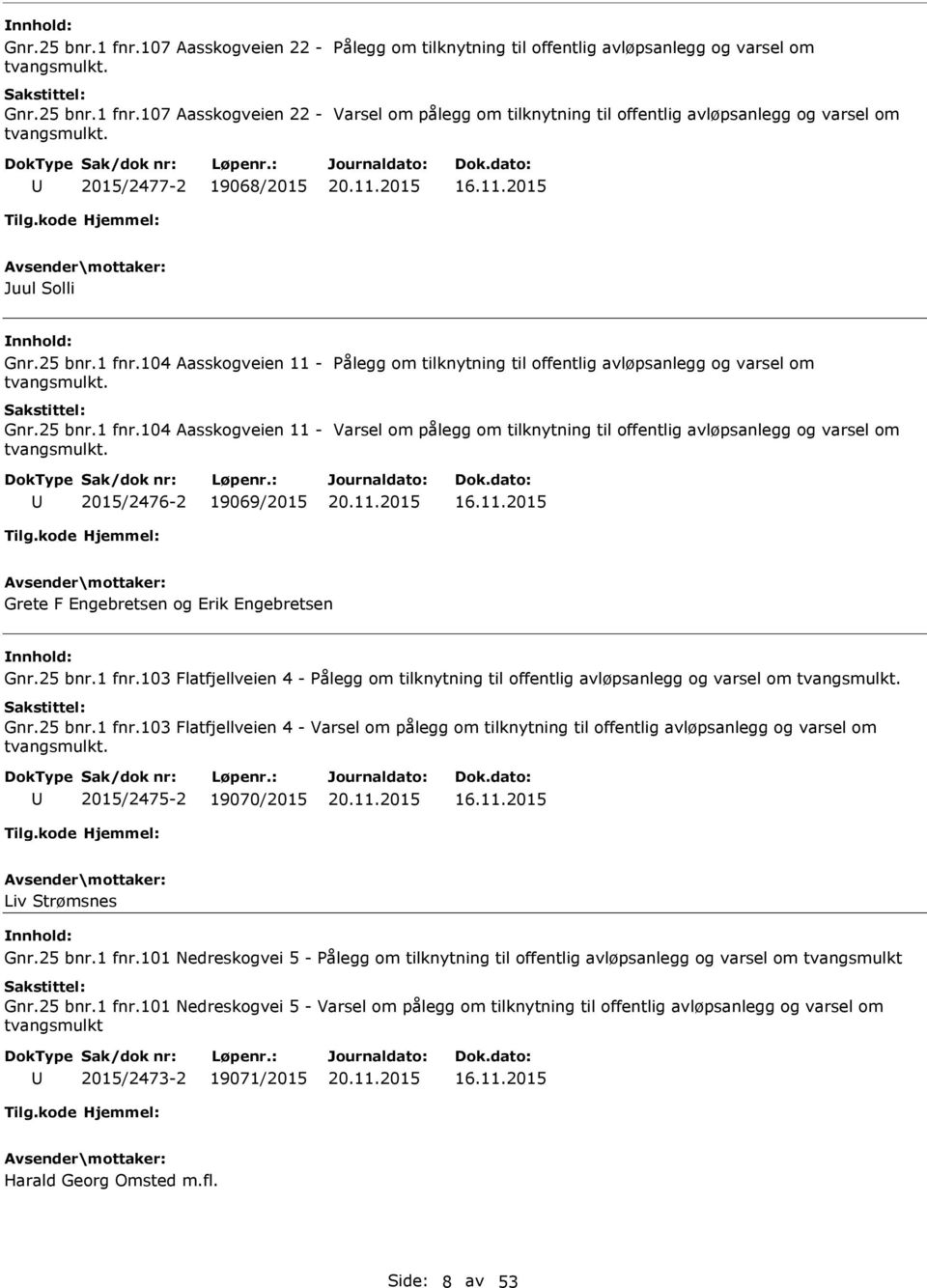 2015/2476-2 19069/2015 Grete F Engebretsen og Erik Engebretsen Gnr.25 bnr.1 fnr.103 Flatfjellveien 4 - Pålegg om tilknytning til offentlig avløpsanlegg og varsel om tvangsmulkt. Gnr.25 bnr.1 fnr.103 Flatfjellveien 4 - Varsel om pålegg om tilknytning til offentlig avløpsanlegg og varsel om tvangsmulkt.