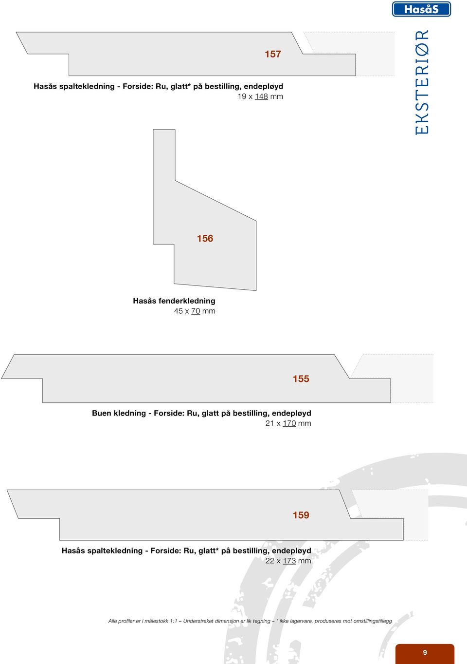 mm 159 Hasås spaltekledning - Forside: Ru, glatt* på bestilling, endepløyd 22 x 173 mm Alle profiler er