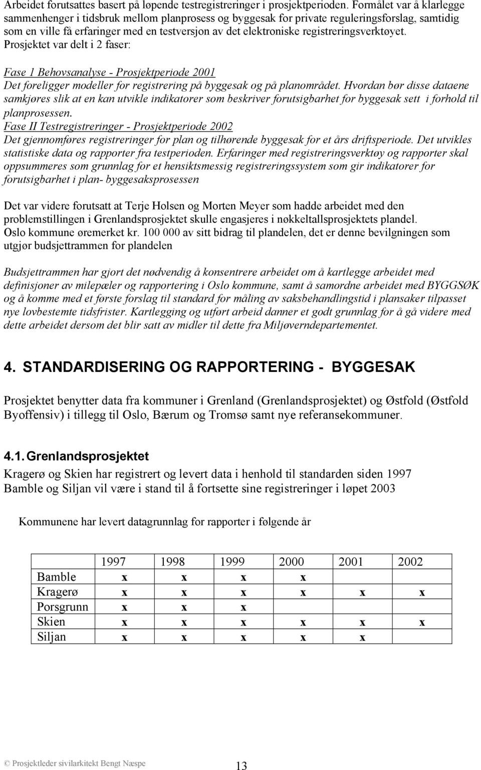 registreringsverktøyet. Prosjektet var delt i 2 faser: Fase 1 Behovsanalyse - Prosjektperiode 2001 Det foreligger modeller for registrering på byggesak og på planområdet.