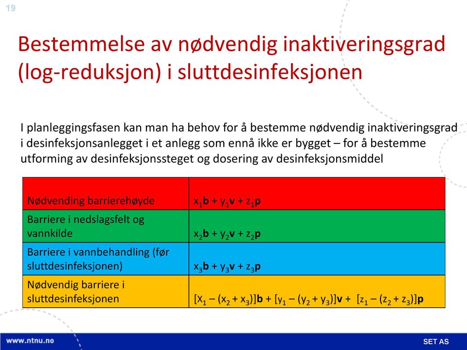 desinfeksjonsmiddel Nødvending barrierehøyde Barriere i nedslagsfelt og vannkilde Barriere i vannbehandling (før sluttdesinfeksjonen) Nødvendig