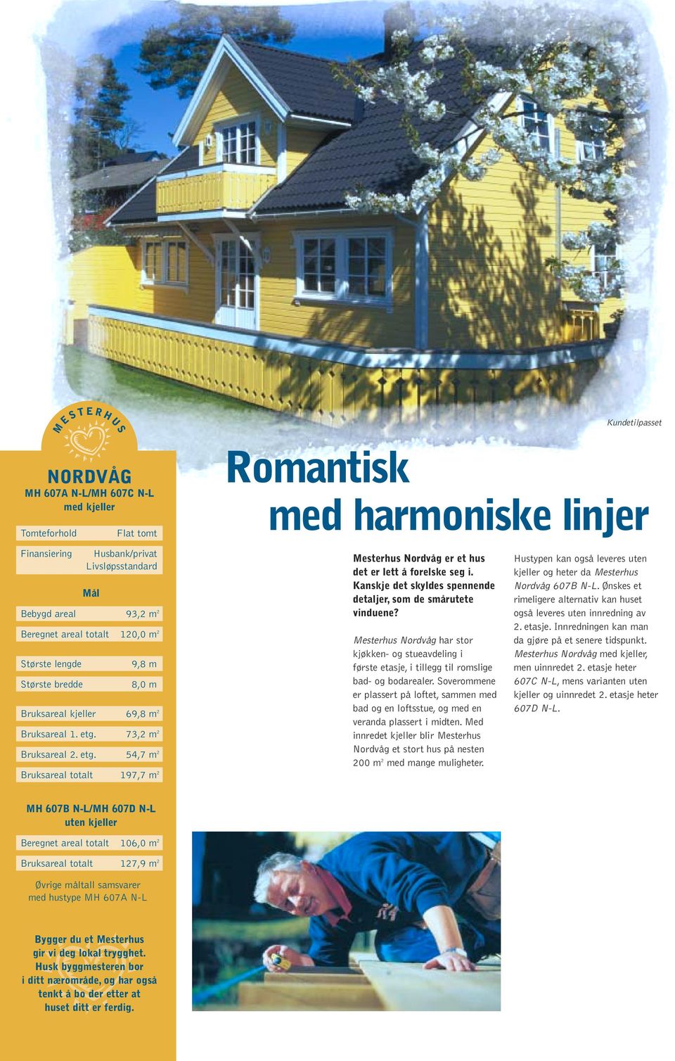 73,2 m 2 Bruksareal 2. etg. 54,7 m 2 Bruksareal totalt 197,7 m 2 Romantisk med harmoniske linjer Mesterhus Nordvåg er et hus det er lett å forelske seg i.