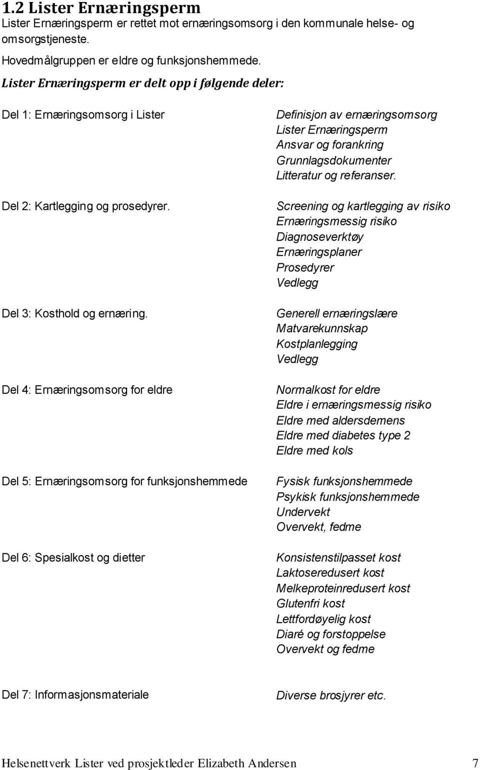 Del 4: Ernæringsomsorg for eldre Del 5: Ernæringsomsorg for funksjonshemmede Del 6: Spesialkost og dietter Definisjon av ernæringsomsorg Lister Ernæringsperm Ansvar og forankring Grunnlagsdokumenter