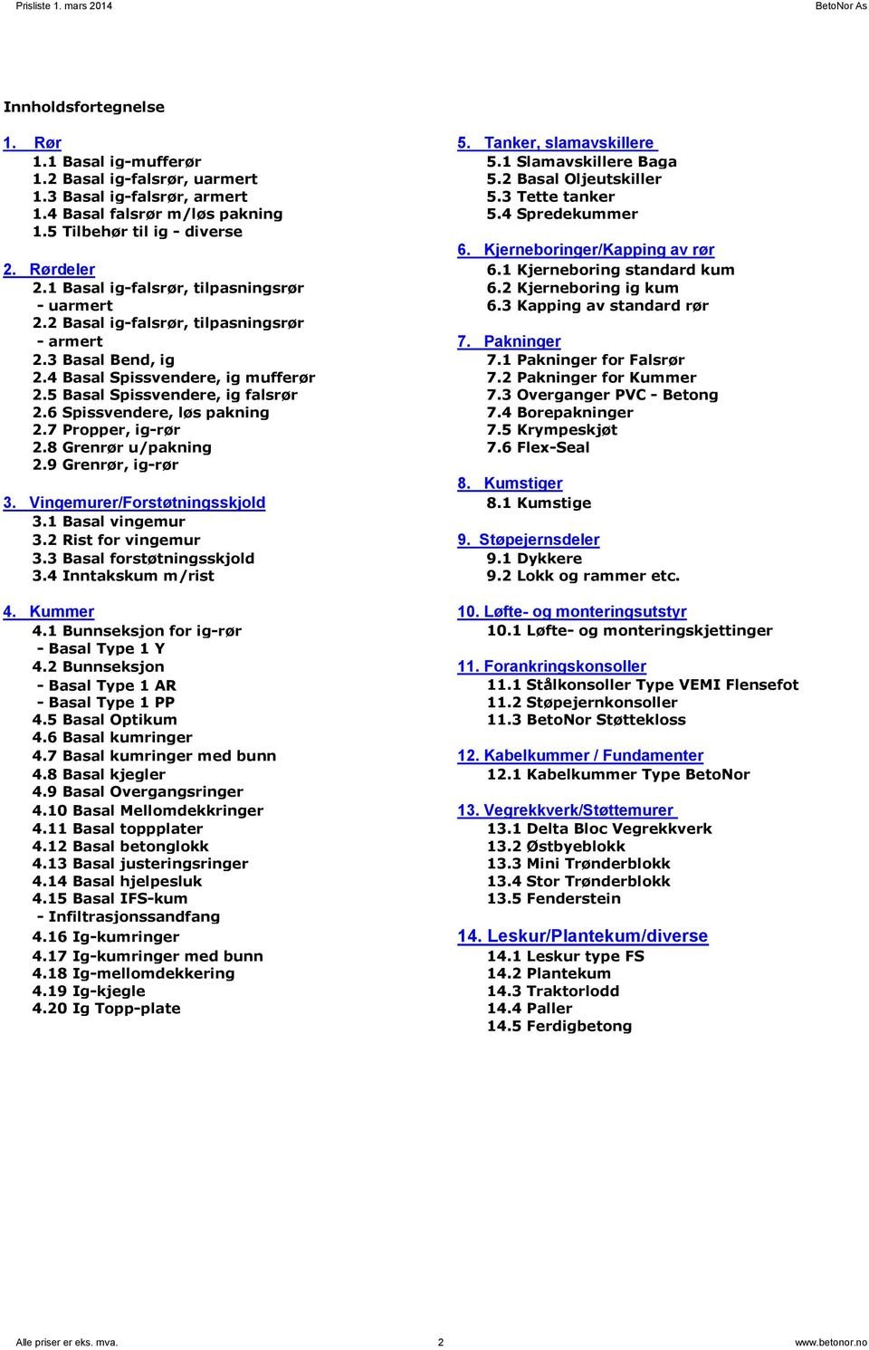 1 Basal ig-falsrør, tilpasningsrør 6.2 Kjerneboring ig kum - uarmert 6.3 Kapping av standard rør 2.2 Basal ig-falsrør, tilpasningsrør - armert 7. Pakninger 2.3 Basal Bend, ig 7.