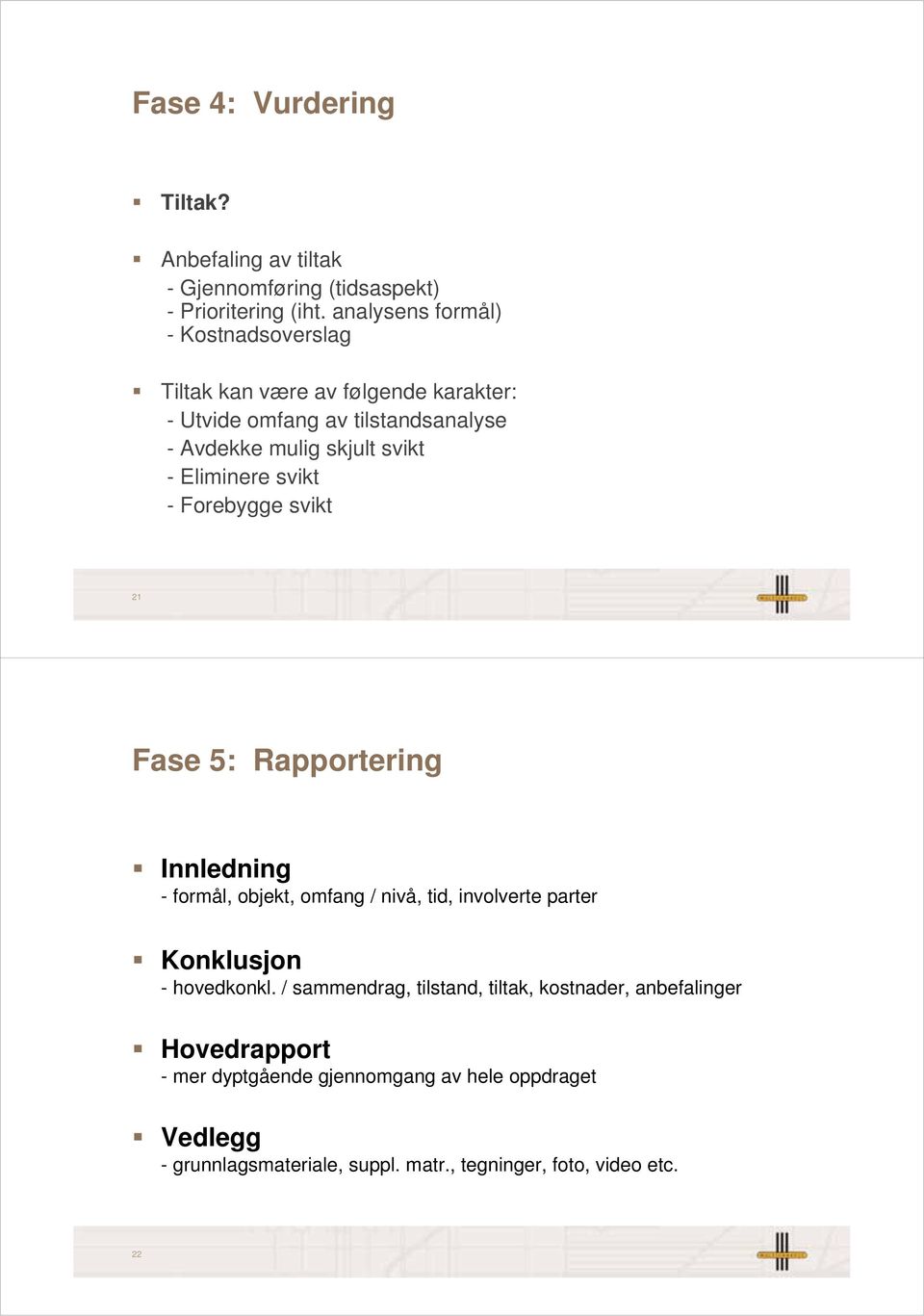 Eliminere svikt - Forebygge svikt 21 Fase 5: Rapportering Innledning - formål, objekt, omfang / nivå, tid, involverte parter Konklusjon -