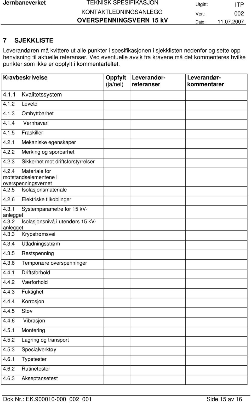 1 Kvalitetssystem 4.1.2 Levetd 4.1.3 Ombyttbarhet 4.1.4 Vernhavari 4.1.5 Fraskiller 4.2.1 Mekaniske egenskaper 4.2.2 Merking og sporbarhet 4.2.3 Sikkerhet mot driftsforstyrrelser 4.2.4 Materiale for motstandselementene i overspenningsvernet 4.