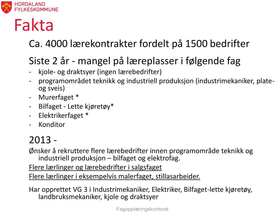 teknikk og industriell produksjon (industrimekaniker, plateog sveis) - Murerfaget * - Bilfaget - Lette kjøretøy* - Elektrikerfaget * - Konditor 2013 - Ønsker å