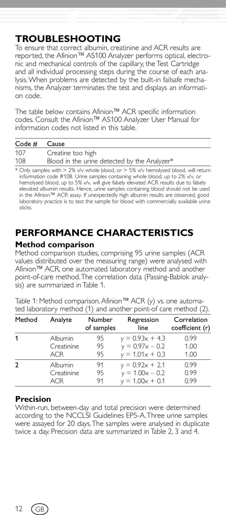 When problems are detected by the built-in failsafe mechanisms, the Analyzer terminates the test and displays an information code. The table below contains Afinion ACR specific information codes.