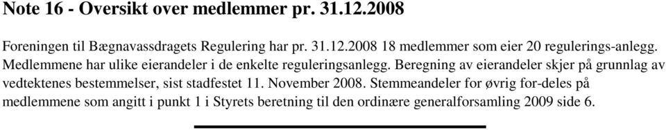 Beregning av eierandeler skjer på grunnlag av vedtektenes bestemmelser, sist stadfestet 11. November 2008.