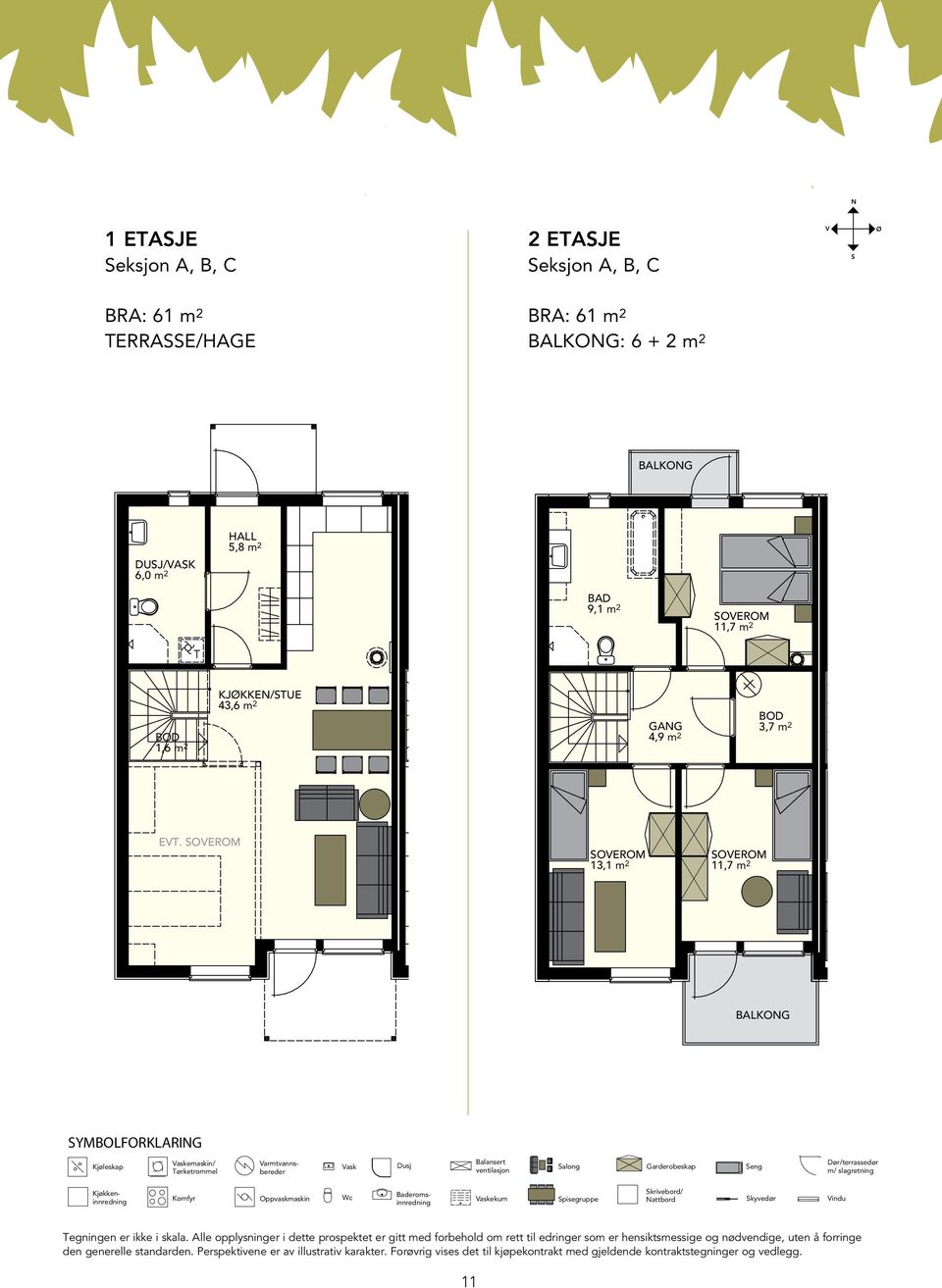 SOVEROM SOVEROM SOVEROM 13,1 m 2 11,7 m 2 BALKONG SYMBOLFORKLARING Kjøleskap Vaskemaskin/ Tørketrommel Varmtvannsbereder Vask Dusj Balansert ventilasjon Salong Garderobeskap Seng Dør/terrassedør m/