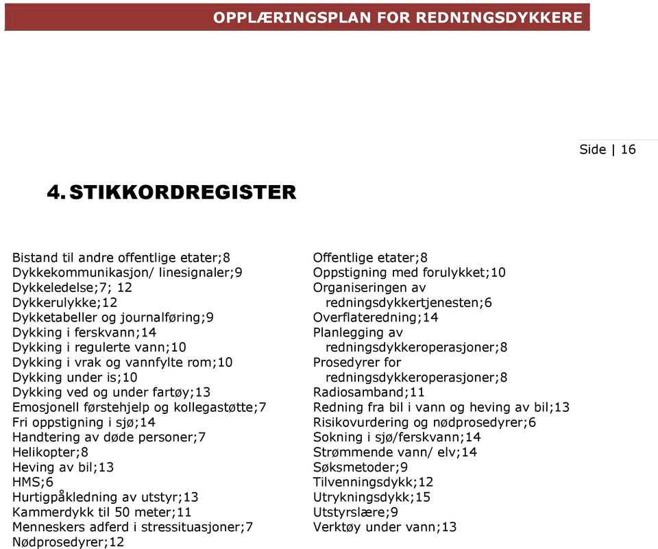 regulerte vann;10 Dykking i vrak og vannfylte rom;10 Dykking under is;10 Dykking ved og under fartøy;13 Emosjonell førstehjelp og kollegastøtte;7 Fri oppstigning i sjø;14 Handtering av døde