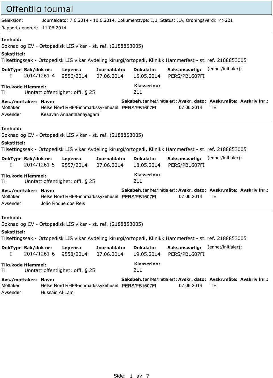 ref. (2188853005) lsettingssak - Ortopedisk LS vikar Avdeling kirurgi/ortopedi, Klinikk Hammerfest - st. ref. 2188853005 2014/1261-5 9557/2014 18.05.2014 PERS/PB1607F Mottaker Helse Nord RHF/Finnmarkssykehuset PERS/PB1607F TE Avsender João Roque dos Reis nnhold: Søknad og CV - Ortopedisk LS vikar - st.