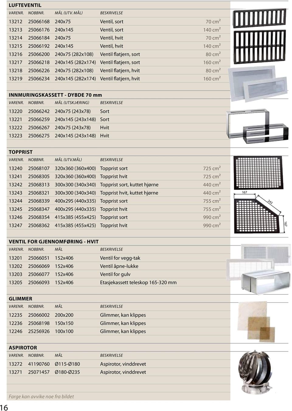 flatjern, sort 13217 25066218 240x145 (282x174) Ventil flatjern, sort 13218 25066226 240x75 (282x108) Ventil flatjern, hvit 13219 25066234 240x145 (282x174) Ventil flatjern, hvit 70 cm2 140 cm2 70