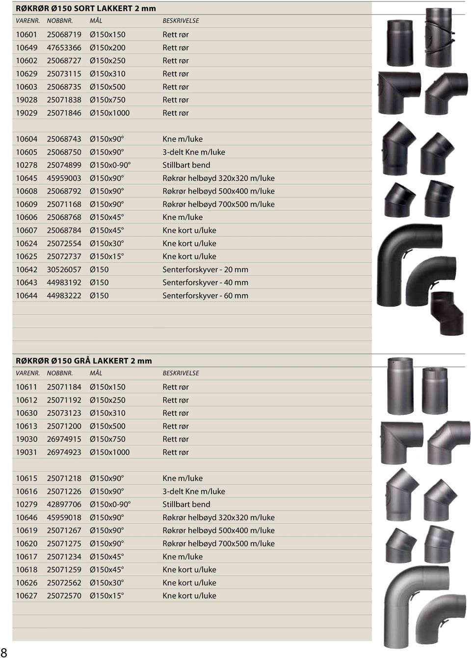 Røkrør heløy 320x320 m/luke 10608 25068792 Ø150x90 Røkrør heløy 500x400 m/luke 10609 25071168 Ø150x90 Røkrør heløy 700x500 m/luke 10606 25068768 Ø150x45 Kne m/luke 10607 25068784 Ø150x45 Kne kort