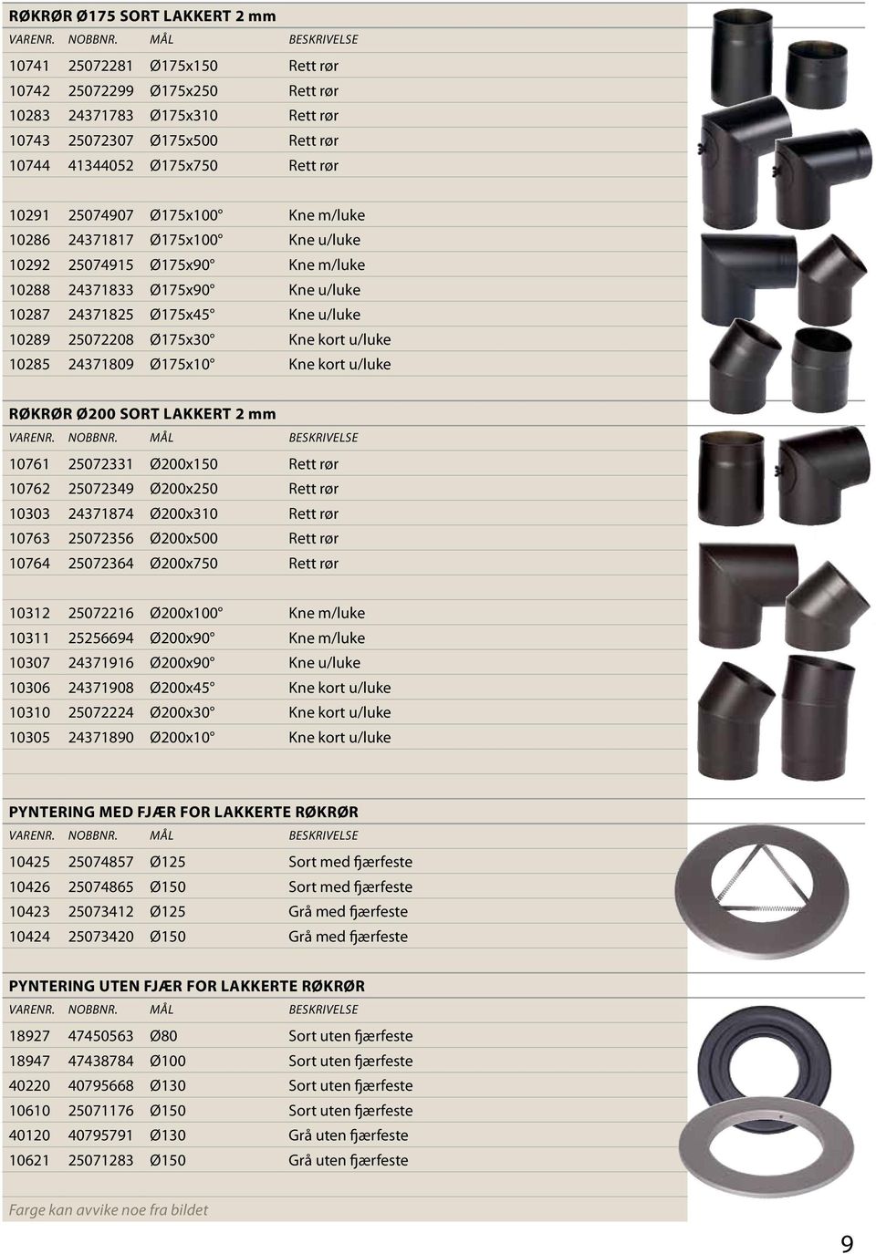 u/luke 10285 24371809 Ø175x10 Kne kort u/luke RØKRØR Ø200 SORT LAKKERT 2 mm 10761 25072331 Ø200x150 Rett rør 10762 25072349 Ø200x250 Rett rør 10303 24371874 Ø200x310 Rett rør 10763 25072356 Ø200x500