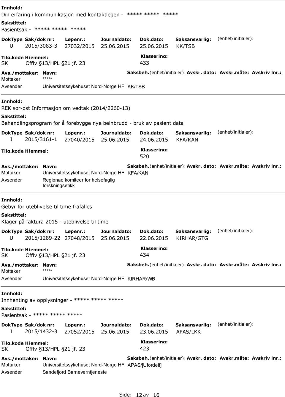 27040/2015 KFA/KAN 520 Avs./mottaker: Navn: Saksbeh. Avskr. dato: Avskr.måte: Avskriv lnr.