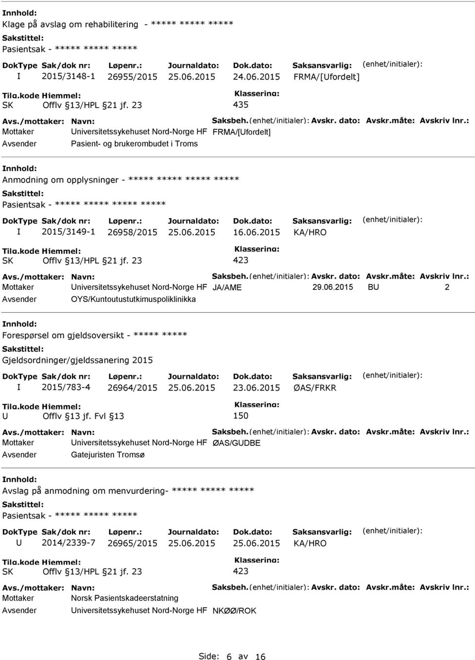 /mottaker: Navn: Saksbeh. Avskr. dato: Avskr.måte: Avskriv lnr.: Mottaker niversitetssykehuset Nord-Norge HF JA/AME 29.06.