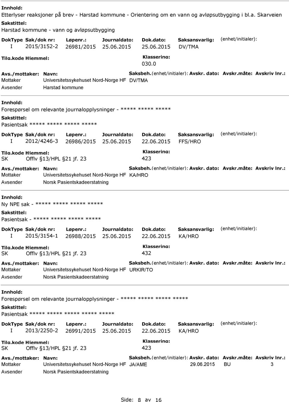 : Mottaker niversitetssykehuset Nord-Norge HF DV/TMA Harstad kommune Forespørsel om relevante journalopplysninger - ***** ***** ***** Pasientsak ***** ***** ***** ***** 2012/4246-3 26986/2015 FFS/HRO