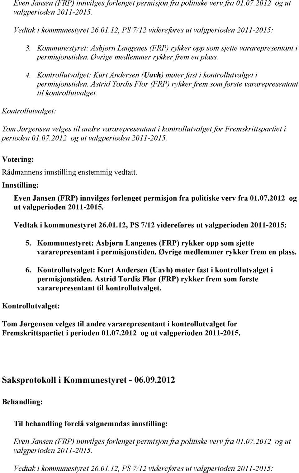 Tom Jørgensen velges til andre vararepresentant i kontrollutvalget for Fremskrittspartiet i perioden 01.07.2012 og ut Votering: Rådmannens innstilling enstemmig vedtatt.