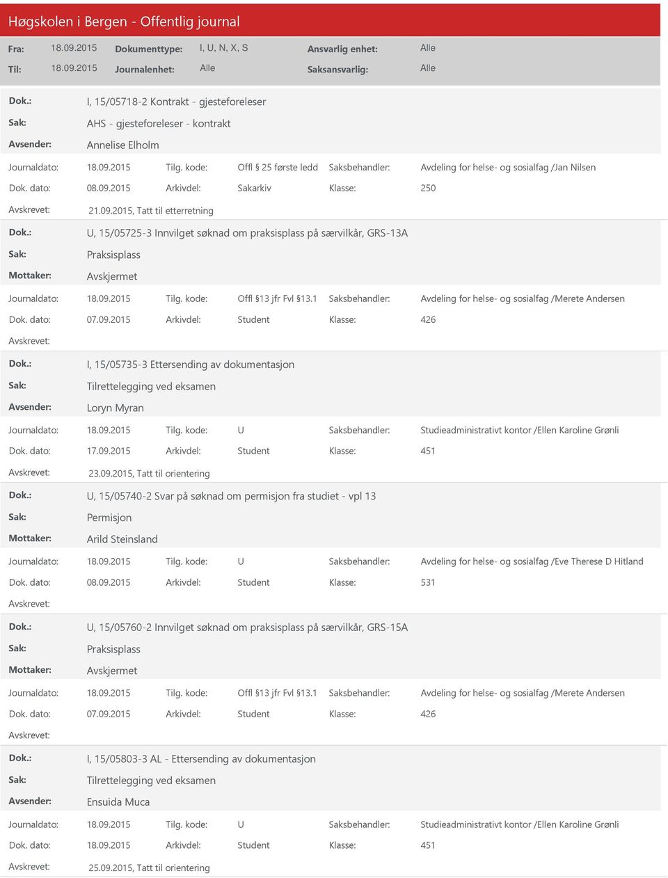 2015 Arkivdel: Student I, 15/05735-3 Ettersending av dokumentasjon Tilrettelegging ved eksamen Loryn Myran Studieadministrativt kontor /Ellen Karoline Grønli Dok. dato: 17.09.