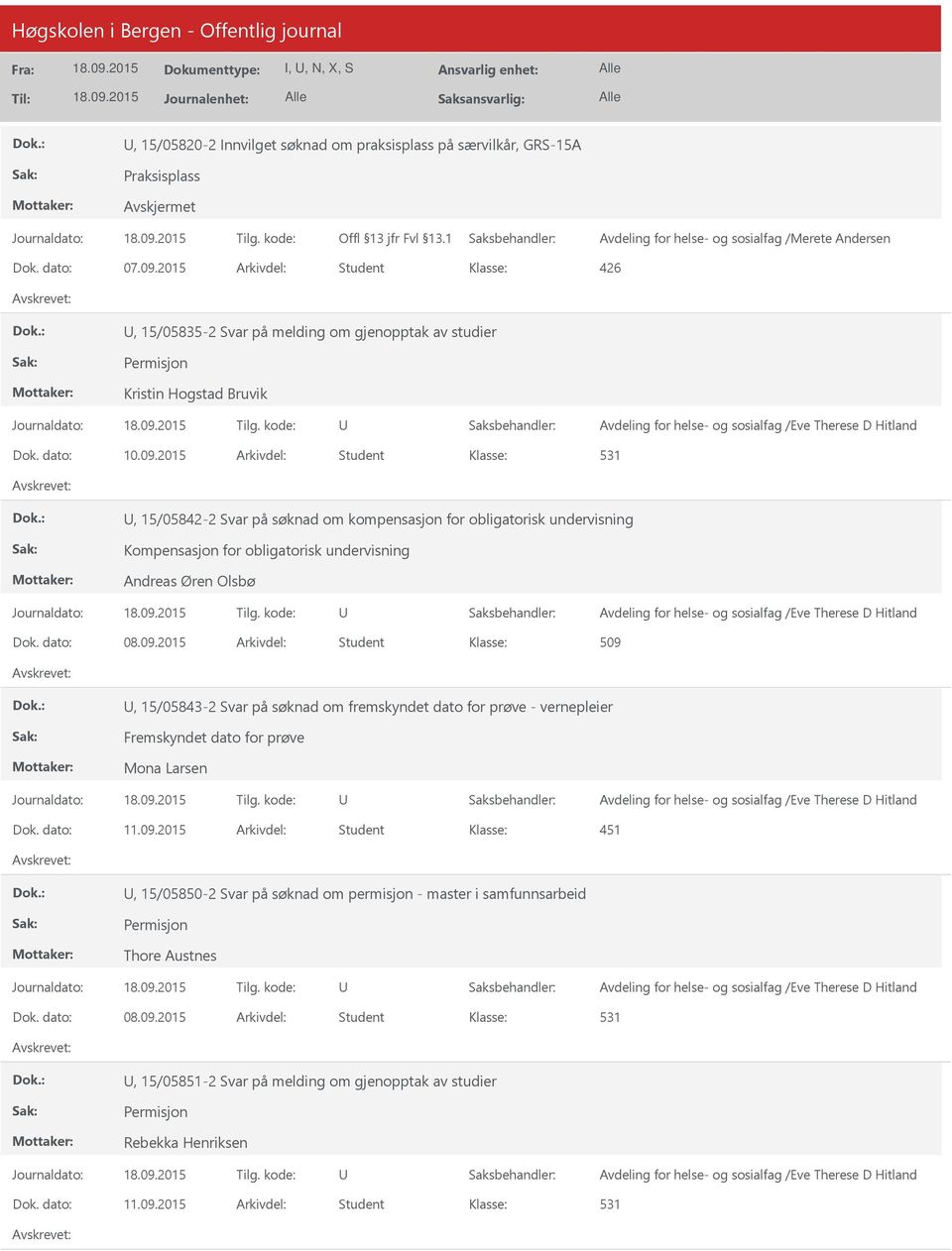 2015 Arkivdel: Student 531, 15/05842-2 Svar på søknad om kompensasjon for obligatorisk undervisning Kompensasjon for obligatorisk undervisning Andreas Øren Olsbø Avdeling for helse- og sosialfag /Eve