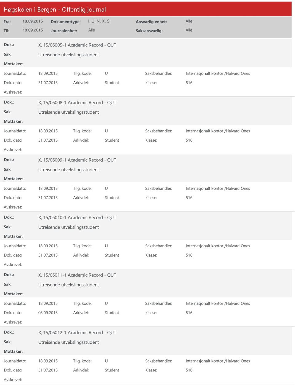2015 Arkivdel: Student X, 15/06009-1 Academic Record - QT treisende utvekslingsstudent Dok. dato: 31.07.