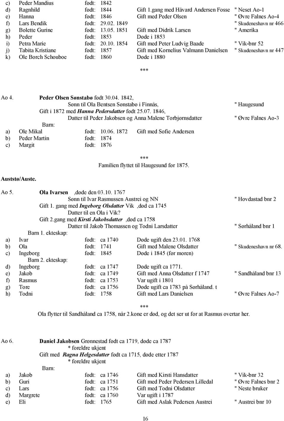 1854 Gift med Peter Ludvig Baade " Vik-bnr 52 j) Tabita Kristiane født: 1857 Gift med Kornelius Valmann Danielsen " Skudeneshavn nr 447 k) Ole Borch Schouboe født: 1860 Døde i 1880 Ao 4.