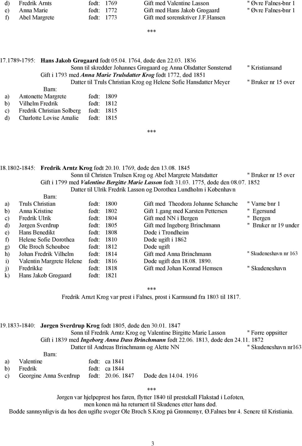 1836 Sønn til skredder Johannes Grøgaard og Anna Olsdatter Sønsterud Gift i 1793 med Anna Marie Trulsdatter Krog født 1772, død 1851 Datter til Truls Christian Krog og Helene Sofie Hansdatter Meyer