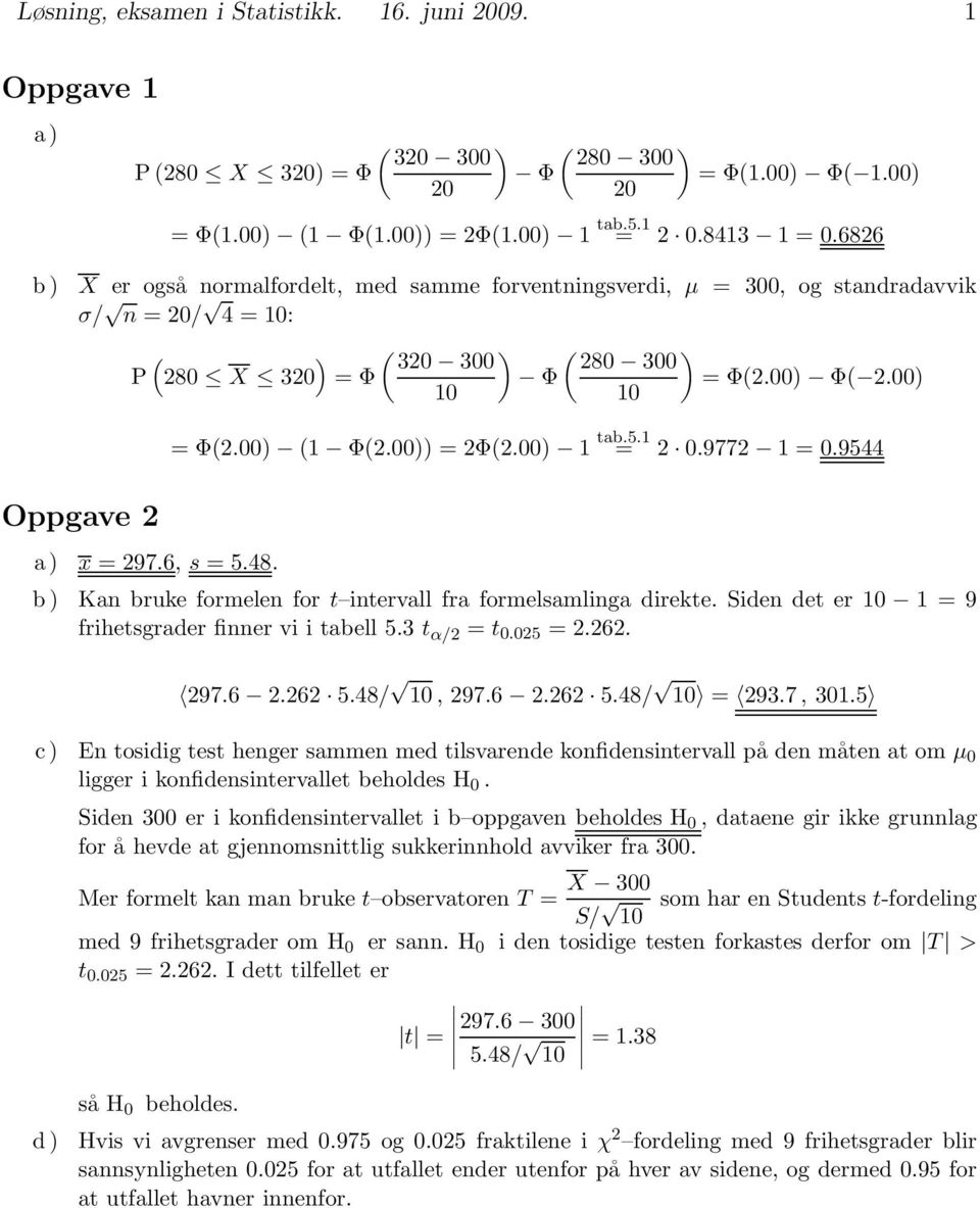 00) 1 tab.5.1 = 2 0.9772 1=0.9544 a) x = 297.6, s =5.48. b ) Kan bruke formelen for t intervall fra formelsamlinga direkte. Siden det er 10 1 = 9 frihetsgrader finner vi i tabell 5.3 t α/2 = t 0.