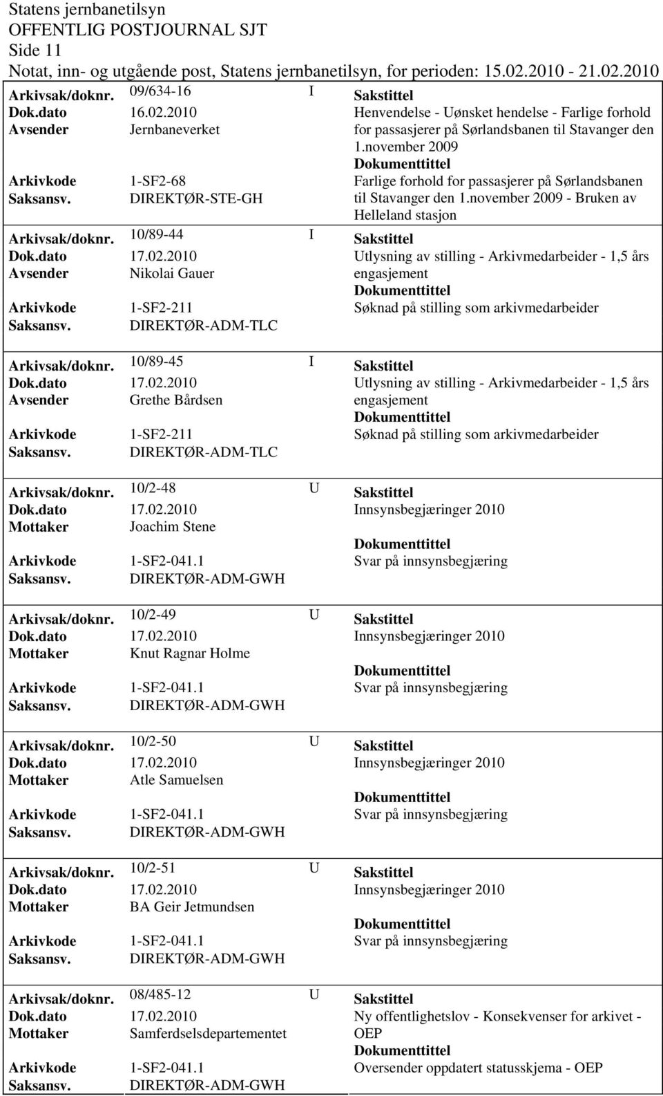 november 2009 - Bruken av Helleland stasjon Arkivsak/dok0/89-44 I Sakstittel Avsender Nikolai Gauer engasjement Arkivsak/dok0/89-45 I Sakstittel Avsender Grethe Bårdsen engasjement Arkivsak/dok0/2-48